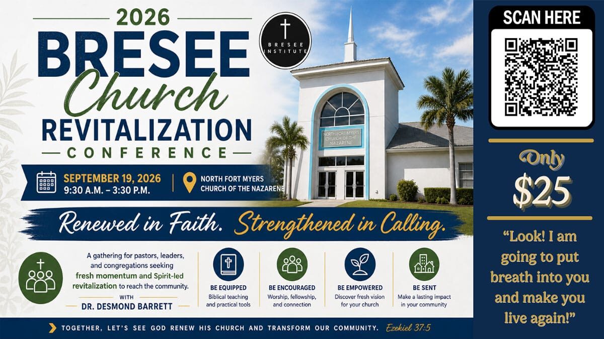 Poster advertising the 2026 Bresee Church Revitalization Conference with a church building and the date September 19, 2026 in North Fort Myers.