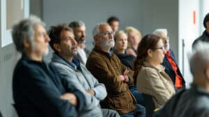 Audience of adults seated in a conference room, listening to a presentation, focused on the speaker.