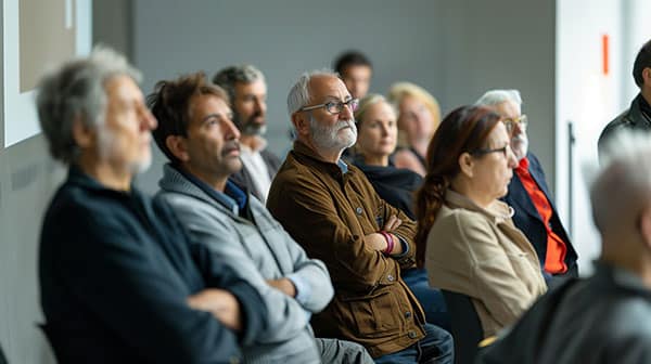 Audience of adults seated in a conference room, listening to a presentation, focused on the speaker.