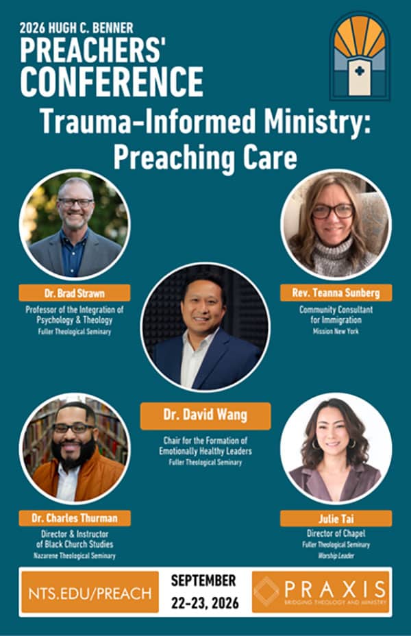 PC26-Flyer-Speakers-2026 | Southern Florida District Church of the Nazarene Poster for 2026 Preachers' Conference: Trauma-Informed Ministry—Preaching Care, featuring six speaker headshots with orange name ribbons.