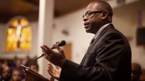 African American man in a dark suit and glasses speaking at a lectern with a microphone in a church, stained-glass window in the background.