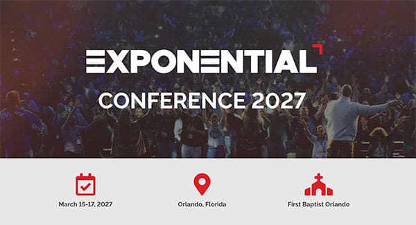 Exponential-2027-Header-29Sept26 | Southern Florida District Church of the Nazarene Exponential Conference 2027 banner with a cheering crowd; March 15–17, 2027 in Orlando, Florida at First Baptist Orlando.