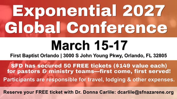 Exponential-2027-Info-29Sept26 | Southern Florida District Church of the Nazarene Poster advertising Exponential 2027 Global Conference (March 15–17) in Orlando, with venue and a note about 50 free tickets for pastors and ministry teams.