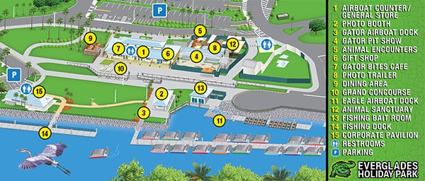 Aerial map of a park labeled Everglades with numbered points (1–15) and a right-side legend listing attractions such as airboat counter, photo booth, gift shop, animal encounters, dining, fishing docks, restrooms, and parking; shows green walkways, a river, docks, and buildings.