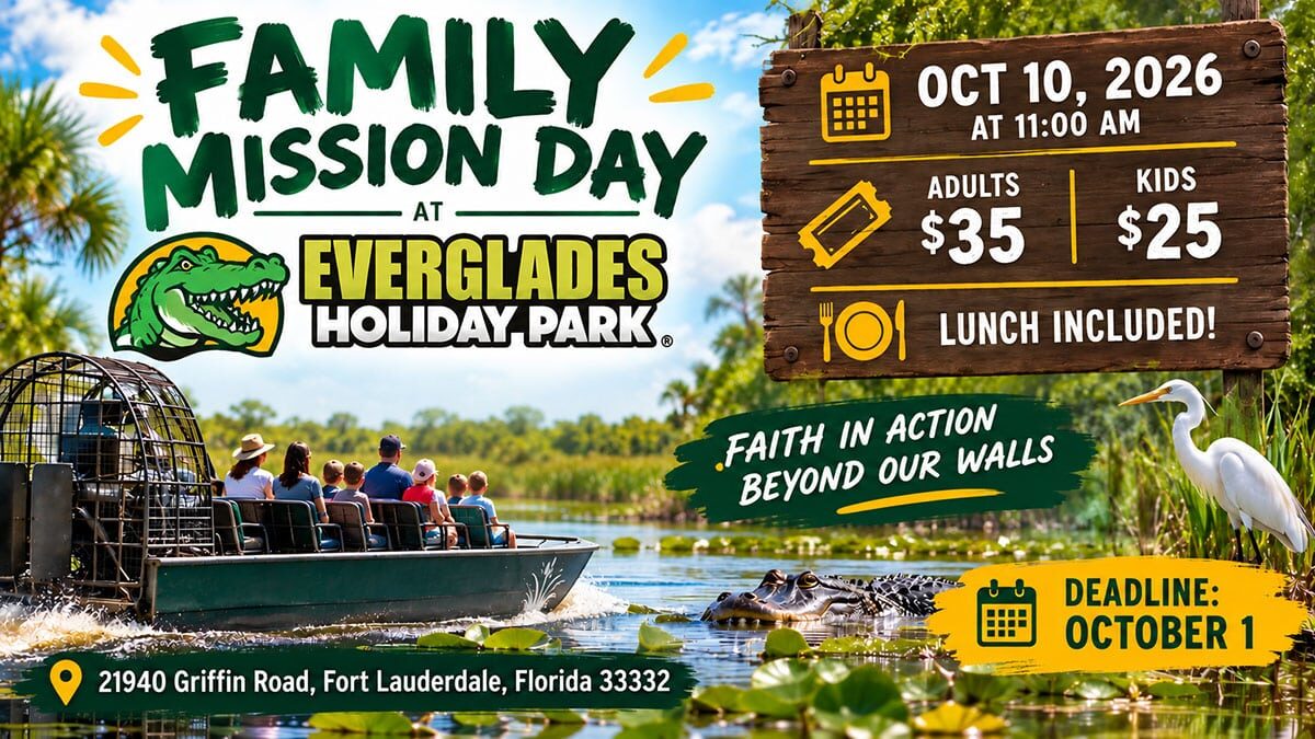Promotional flyer for Family Mission Day at Everglades Holiday Park, showing a boat on a marsh and a wooden sign with event details and prices.