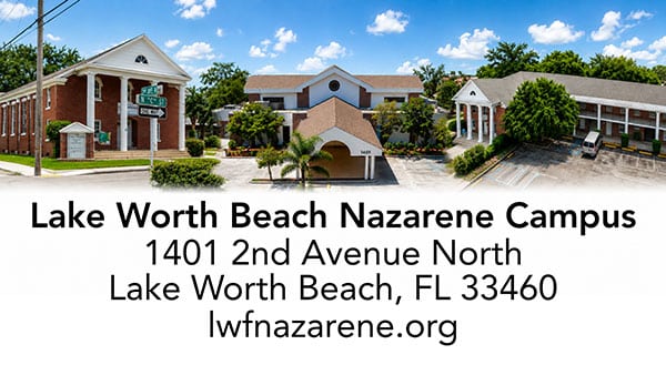 Exterior view of the Lake Worth Beach Nazarene Campus with brick buildings and palm trees; signage shows address 1401 2nd Avenue North, Lake Worth Beach, FL 33460, lwfnazarene.org.